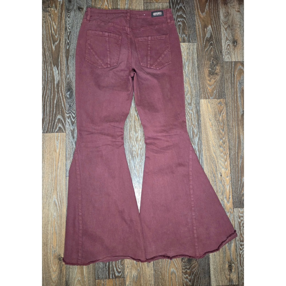 Shyanne Burgundy Extreme Flare Bell Bottom Jeans Raw Hem 33W x 34L Western Boho - Picture 5 of 6